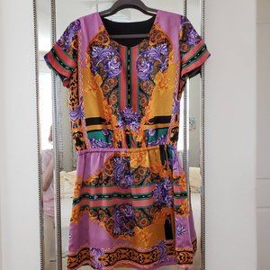 1990s Purple & Gold Silk Baroque Scarf Print Dress